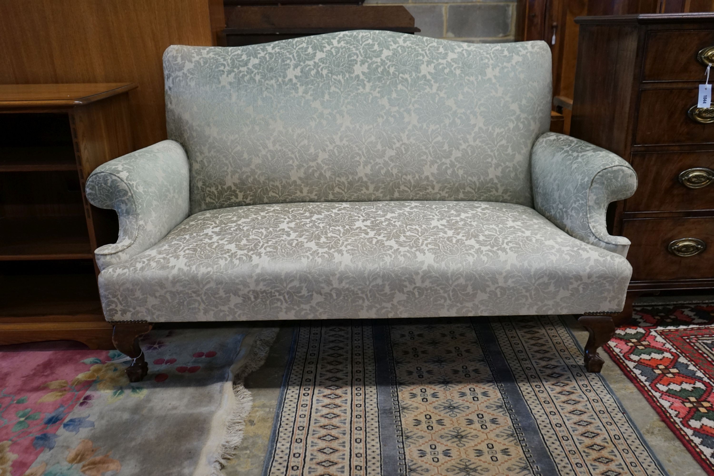 A George III style upholstered two seater settee, length 166cm, depth 72cm, height 99cm